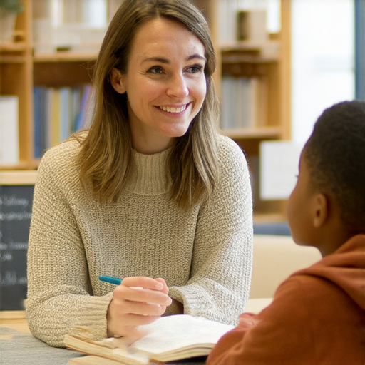一位外籍英文老師與學生進行一對一對話，背景舒適，表達出歲月靜好的學習氛圍，開啟英語學習之旅，促進語言交流與理解。