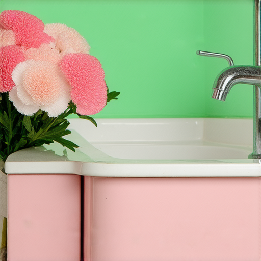 一束康乃馨與廁所的幽默場景融合，展現廚房內的趣味氛圍，透過創意設計喚醒你的廚房幽默感，讓人在日常生活中發現意想不到的聯繫和驚喜。