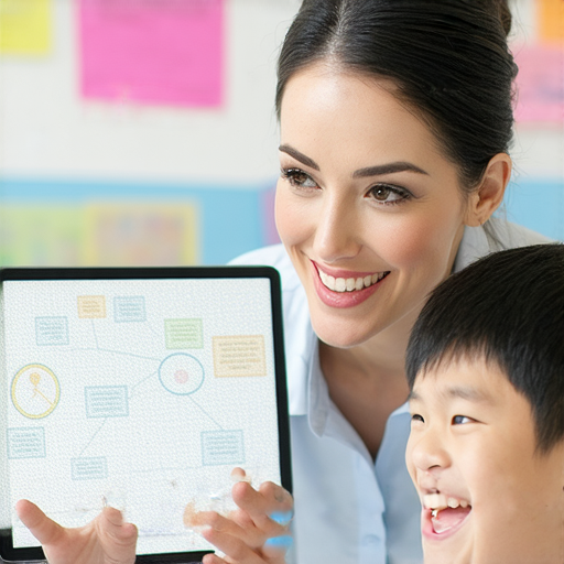 一位外籍老師與學生進行一對一英語學習，專注於解密流動數據的魅力，學生在互動中即時提升語言能力，展現學習的積極性和興趣。