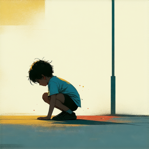 跌倒後的孩童蹲下，面對挑戰與退步時的堅持，旁邊有一輛行駛中的車，象徵生活中遇到困難時的勇敢與應對策略，鼓勵人們輕鬆面對逆境。