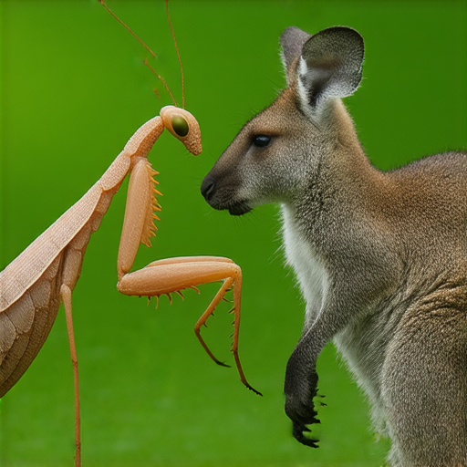 螳螂和袋鼠在自然環境中對峙，展現出衝突的瞬間，背景植被茂盛，強調動物之間的張力和血清背後的秘密行動，探索生態平衡與動物行為。