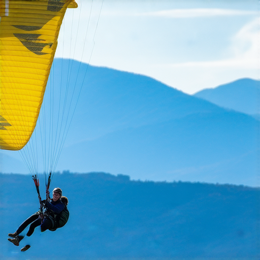 滑翔傘飛行中的冒險者與外籍老師互動學習英文，背景是美麗的山景和蔚藍的天空，體驗滑翔傘的魅力與挑戰，提升語言能力，讓冒險更加精彩。