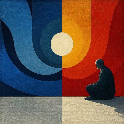 一幅插畫展現哲學家思考「善」與「惡」的邊界，以抽象符號和對比色彩強調倫理的複雜性，象徵探索真理與道德的重要性，幫助讀者找到自我聲音與價值觀。