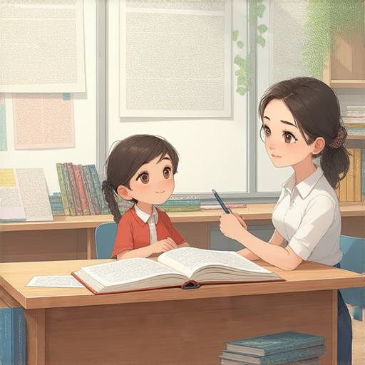 外籍老師一對一教學的場景，學生專注學習英語，桌上有教材和筆記，背景為溫馨的教室環境，體驗全新英語學習方式，揭開絲帶英文的秘密。