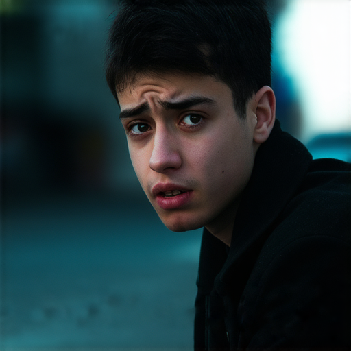 一位年輕人坐在街角，眼中流露出內心的傷痛和內疚，周圍環繞著暗淡的燈光，展現出《偷竊的背後》的主題，讓人無法不關心這份深刻的情感。