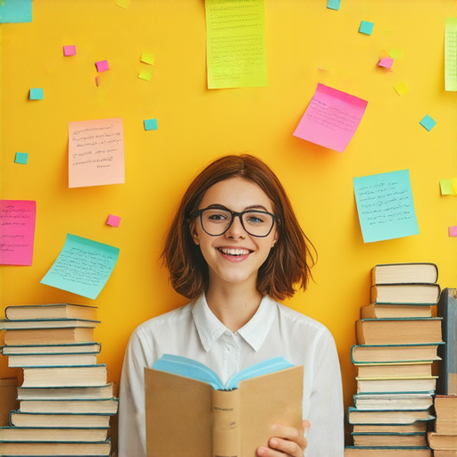 提升英文能力的五大秘訣，展現學生積極學習的情境，書本、筆記和電子設備共同助力，象徵語言學習的重要性，讓學習者在英文上勇往直前。