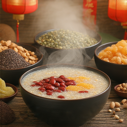 腊八粥的傳統製作過程，展示各種配料與香氣四溢的粥碗，背景是慶祝腊八節的裝飾，呈現美食背後的文化故事，提升英文學習興趣。