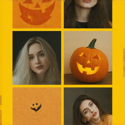 簡單辭職的創意圖案，展示自拍、萬聖節主題的多元興趣，色彩鮮明，吸引目光，反映生活中的趣味探索，結合多種元素，傳遞快樂與靈感。