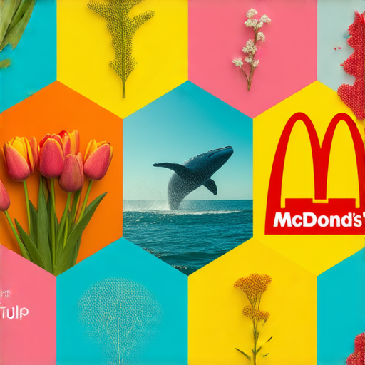 探索英文中鬱金香、鯨魚、麥當勞和其他單詞的奇妙世界，色彩繽紛的圖片展示這些詞彙的特徵與文化意義，吸引觀眾深入了解不同單詞的精彩背後。