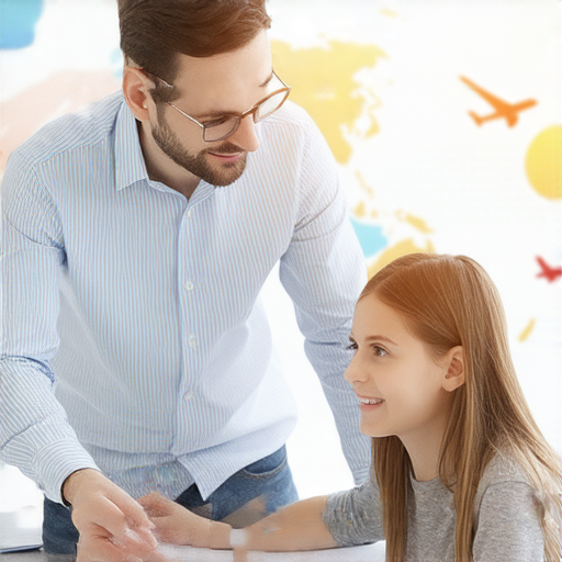 外籍老師與學生一對一互動的英語學習場景，學生專注聆聽，老師積極引導，背景有世界地圖和飛機圖案，展現學習的全球化和旅程的奇妙，強調轉身學習英語的機會。