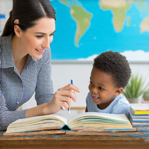 一位外籍老師正在與學生進行一對一的英文教學，學生面露興奮，課桌上擺放著教學材料，背景展示了英語學習的世界，強調魚肚的秘密及新視界。