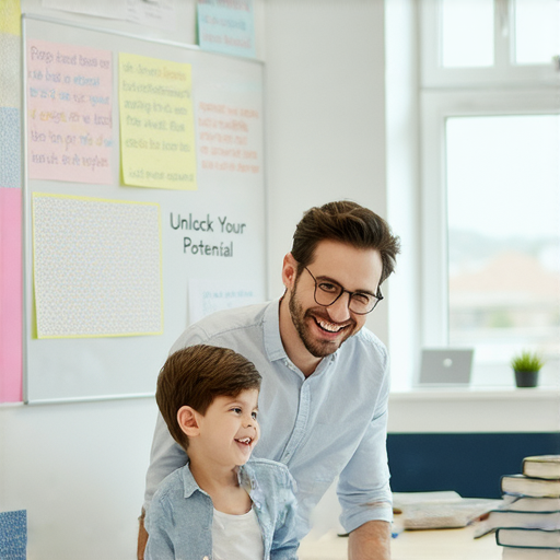 一位外籍老師與學生進行一對一英語教學，背景是明亮的教室，展示學習互動，強調Unlock Your English Potential的理念，帶你飛躍學習之旅。