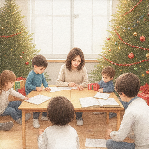 聖誕節氛圍中，外籍老師與學生互動學習英語，桌上擺放聖誕裝飾，展現學習英文的新方式，立即預約外籍老師，讓你的英語與季節同行。