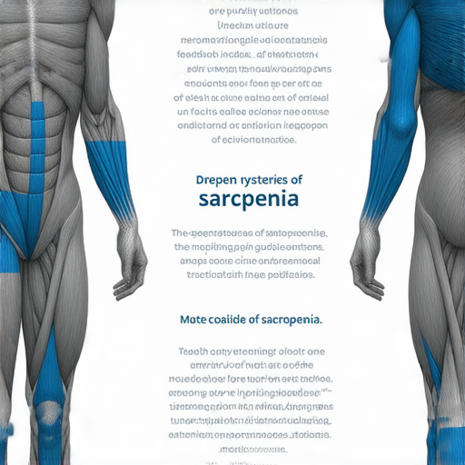 揭開肌少症之謎的圖片，展示肌肉萎縮症狀及其影響，配有英文專業詞彙，鼓勵報名外籍老師一對一教學，促進對肌少症的深入了解與學習。