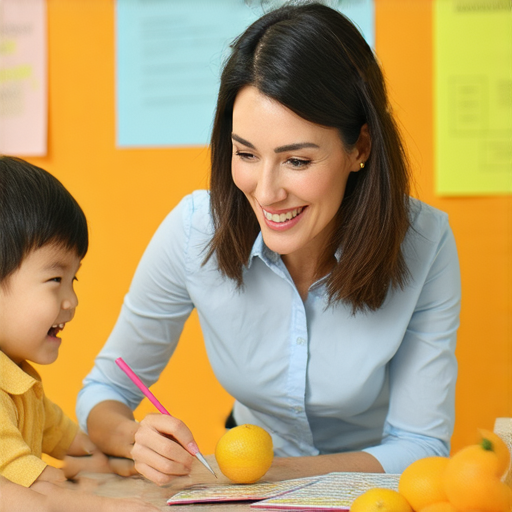 學好英文從金桔開始，圖片顯示外籍老師與學生一對一互動，展現愉快的教學環境，即刻體驗專業英語教學，開啟你的英語之旅。